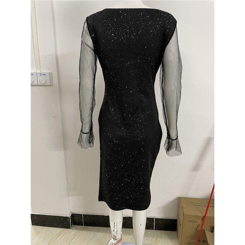 

2025 Sequin V-neck Bag Buttocks Sexy Mesh Dress Burgundy S