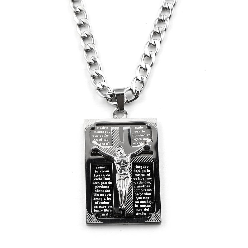 Spanish Lord's Prayer Crucifix Jesus Christ Pendant Necklace for Women Men Stainless Steel Silver Color Hip Hop Chain Jewelry