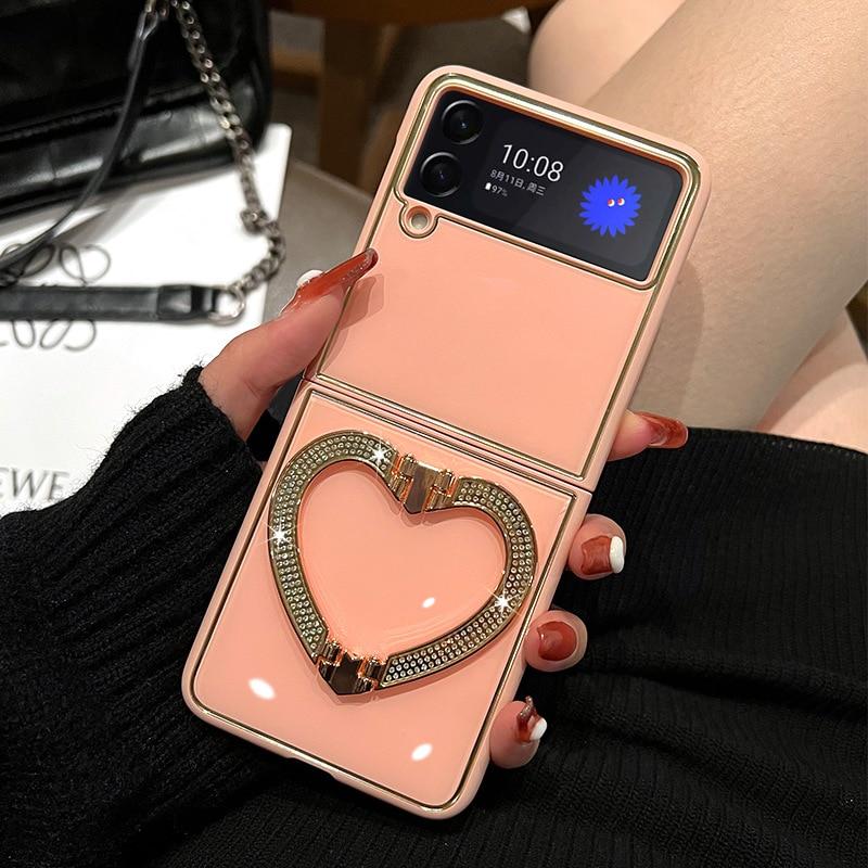 Diamond Hearts Phone Stand Case for Samsung Galaxy Z Flip 3 Z Flip 4 5G Hard PC Back Cover for ZFlip3 Case Protective Shell