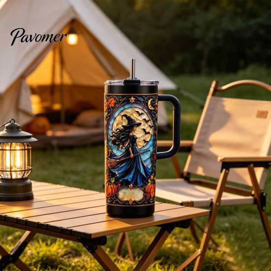 Vakuová termoska s dvojitou stěnou 40oz Witch Tumbler, Halloweenská gotická nerezová nepropustná láhev na vodu na stůl s uchem, Izolovaný cestovní hrnek na kávu,