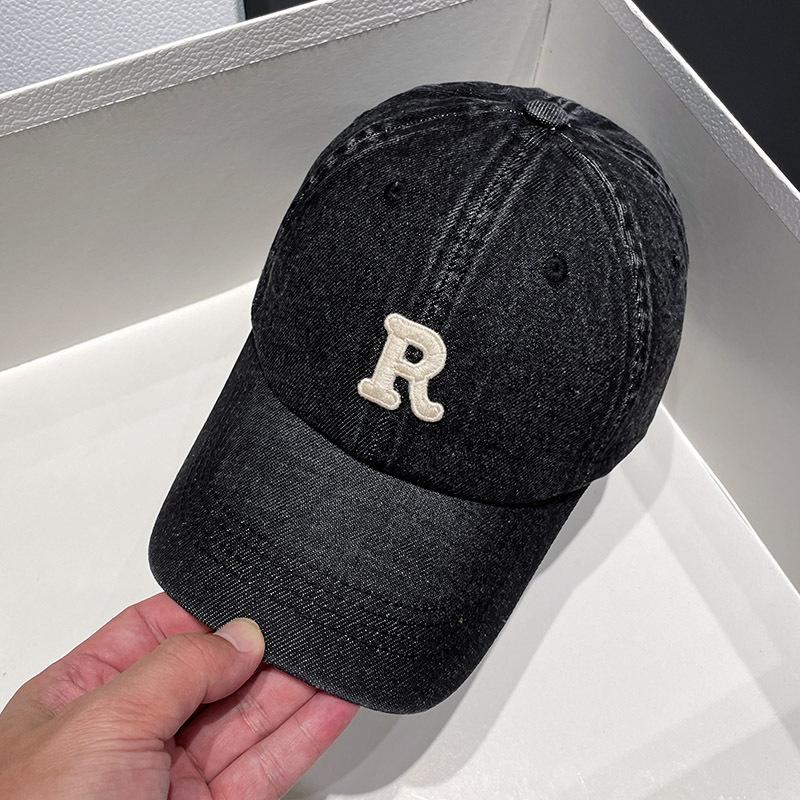 Korean washed denim embroidery R Letter baseball cap for men and women, versatile for spring and autumn, sun-protective, trendy duckbill cap