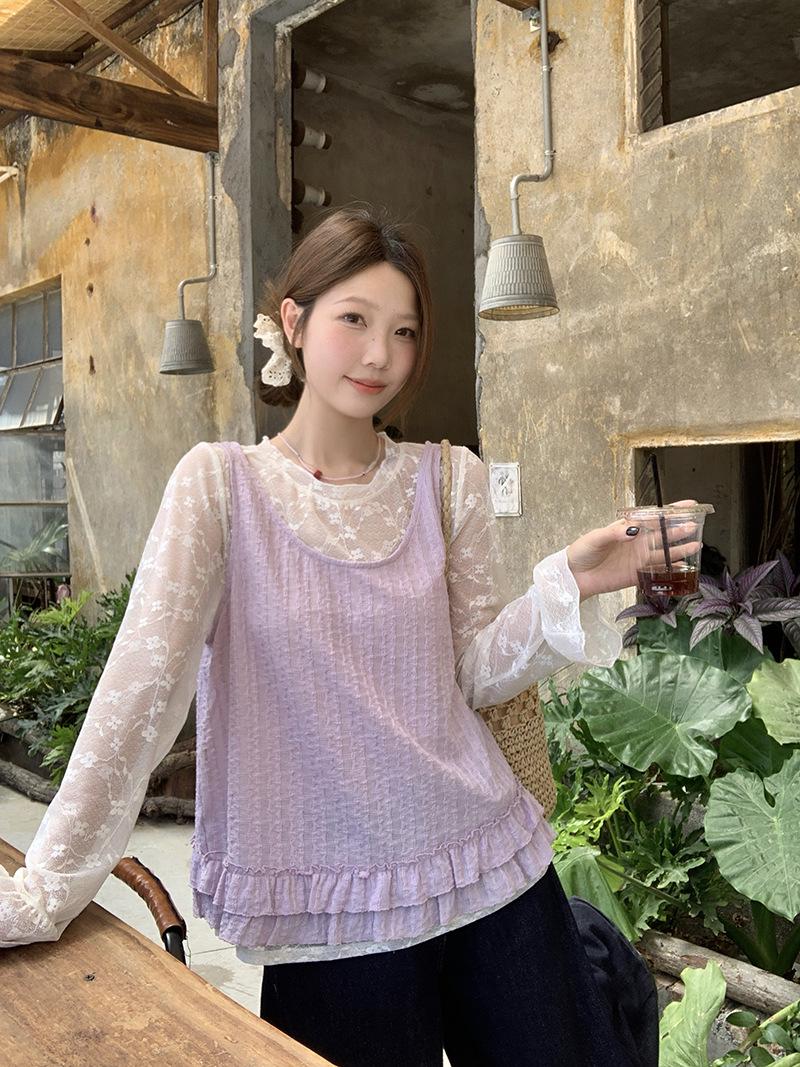 

2026 Spring/Summer Plus Size Women s Sweet Lace Camisole Layering Two-Piece Set 3XL фіолетовий