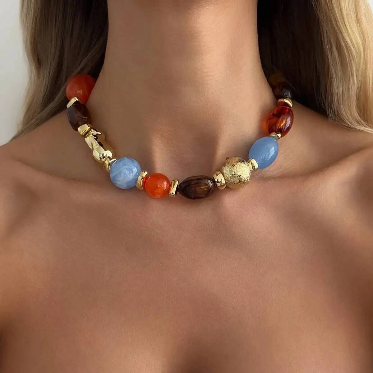 

SHIXIN Bohemian Summer New Colored Resin Beaded Beaded Chokers Necklaces Women Vintage Elegant Adjustable Clavicle Chain Jewelry