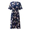 Summer Women's Dress Plus Size Flower Print V-neck Short-sleeved Dress Waist Loose Slit Mid-length Chiffon Skirt