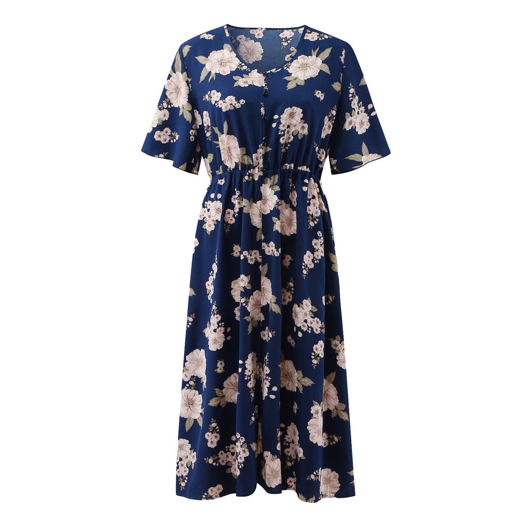 Summer Women's Dress Plus Size Flower Print V-neck Short-sleeved Dress Waist Loose Slit Mid-length Chiffon Skirt