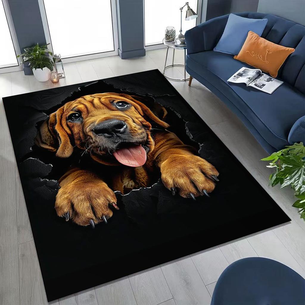 Tapete Fofo Cão Filhote Quebrando a Parede Ilusão 3D para Quarto Sala de Estar Sofá Casa Capacho Decoração, Tapete Grande Antiderrapante para Brincar de Crianças