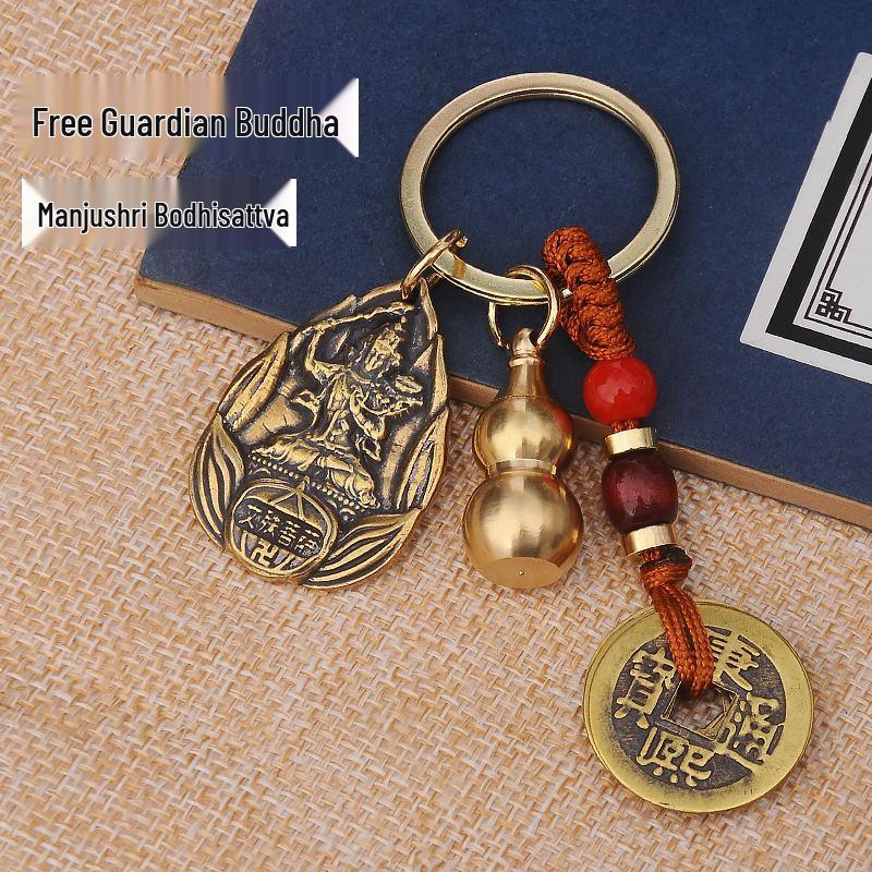 Zodiak Benming Buddha Nyckelring med Åtta Skyddsgudar & Fem Kejsarmynt Ihålig Kalebass Design