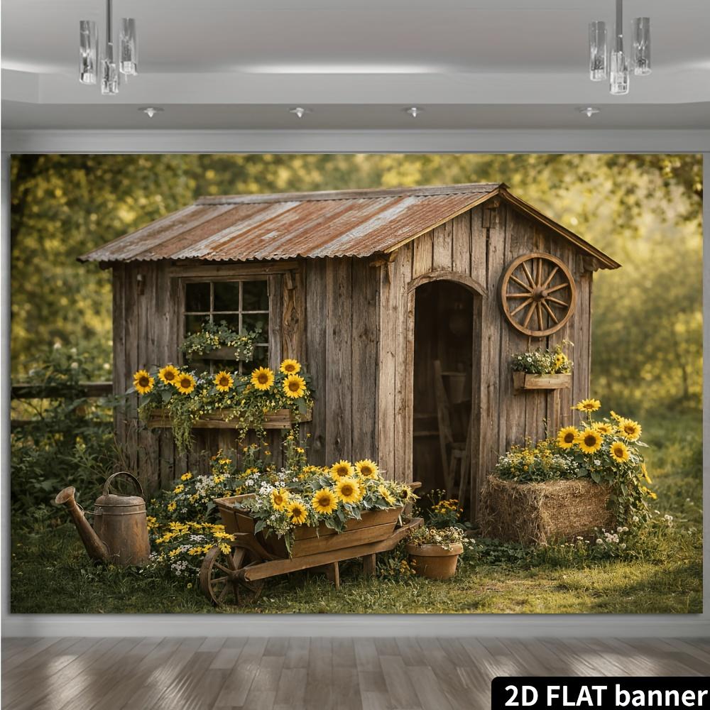 1Pcs Sunflower Garden Cabin Vintage Cart Decoration Background Rustic Backdrop Decorations For Photo Studio Photo Booth Party