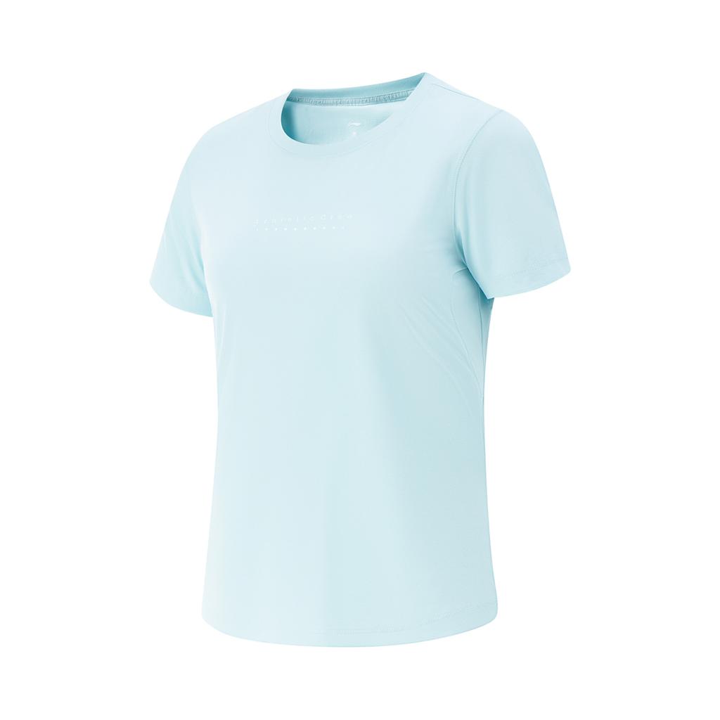Li-Ning Fitness Series Simple Solid Color Round Neck Pullover Short Sleeve T-Shirt Women Tops Light-Ice-Blue ATSV510-4