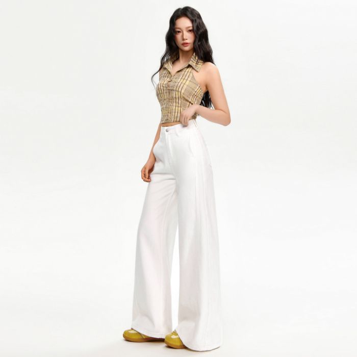 Frühling Sommer Weiß Hohe Taille Patchwork Dünner Stoff Fließend Schlank Gerade Bodenlang Lässig Jeanshosen Damen Freizeithosen Oversize Jeanshosen