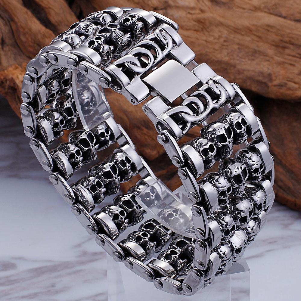 Gothic Herren Schädel Armband für Männer Massiv 316L Edelstahl 35MM Breite Punk Kette Armband Handschmuck Skelett Accessoires