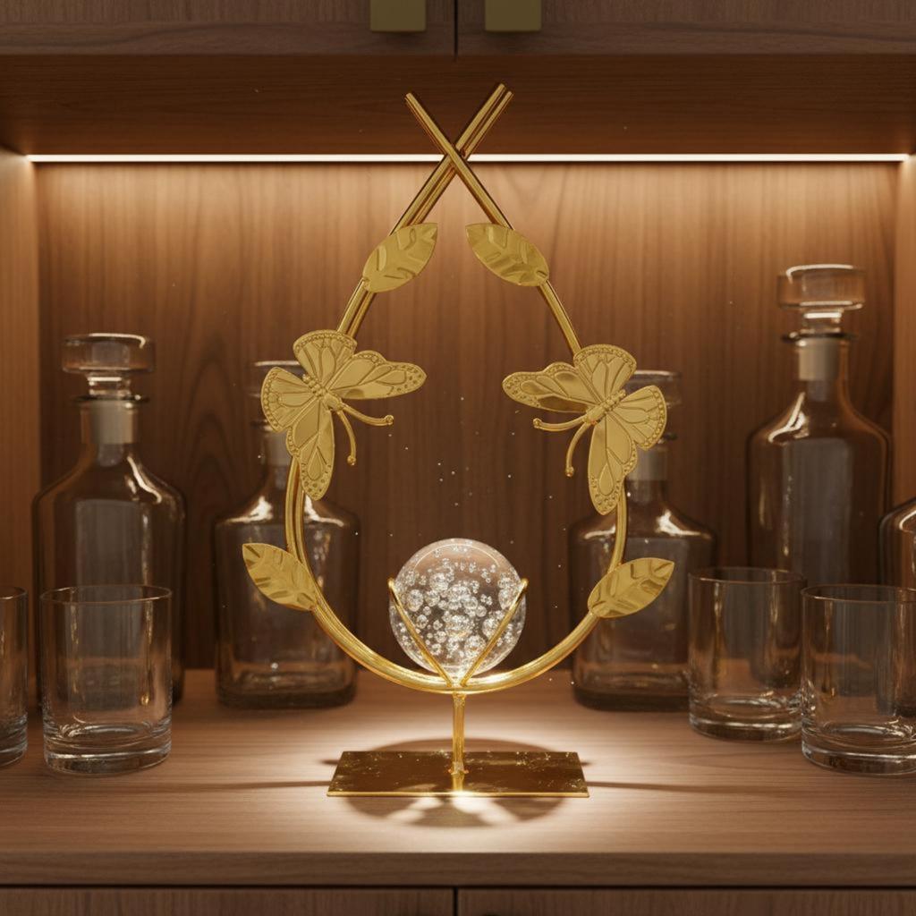 Crystal Ball Decor Elegant Luxury Desk Sculpture Gold Flower Ornament Gift Idea Leaf Sculpture Shiny Finish for Living Room