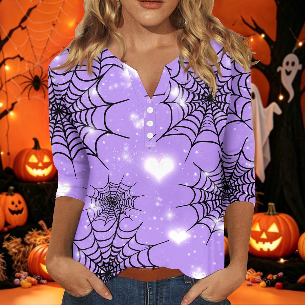 Women's Casual Halloween Print V-Neck Short Sleeve T-Shirt with Decorative Buttons