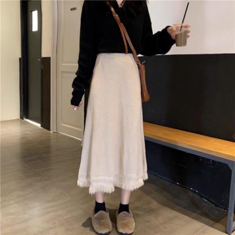 Pletená midi sukně pro ženy podzim zima A-liniová sukně k sladění se svetry v zimě