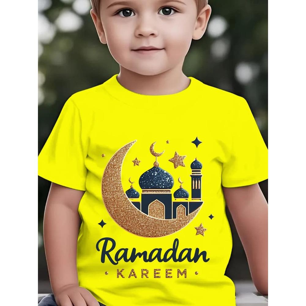 Eid Mubarak Moon Star Printed Kids Shirts Eid Ramadan Child T-Shirt Tops Islamic Muslim Holiday Boys Girls Short Sleeve