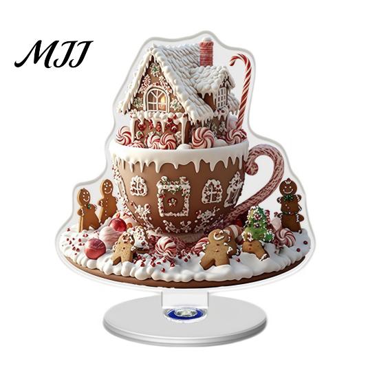 Christmas Desk Accessories Xmas Acrylic Ornament, 2D Flat Tree Gingerbread Man Ornament with Decorative for Holiday Rotatable Base, Table Centerpiece
