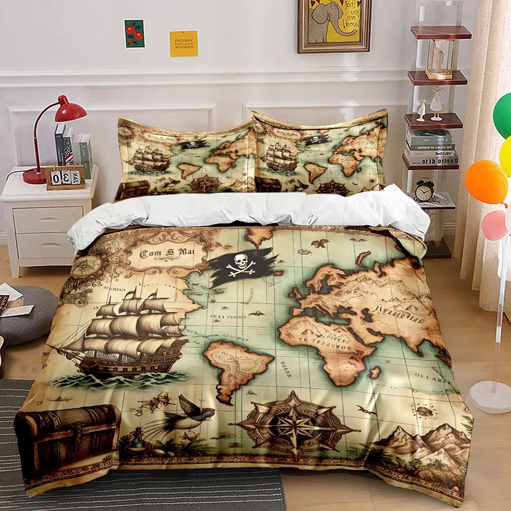 Vintage Treasure Map Design Bedding Duvet Cover Set Duvet Cover Pillowcases (1*Duvet Cover 2*Pillowcases, Without Duvet Insert)