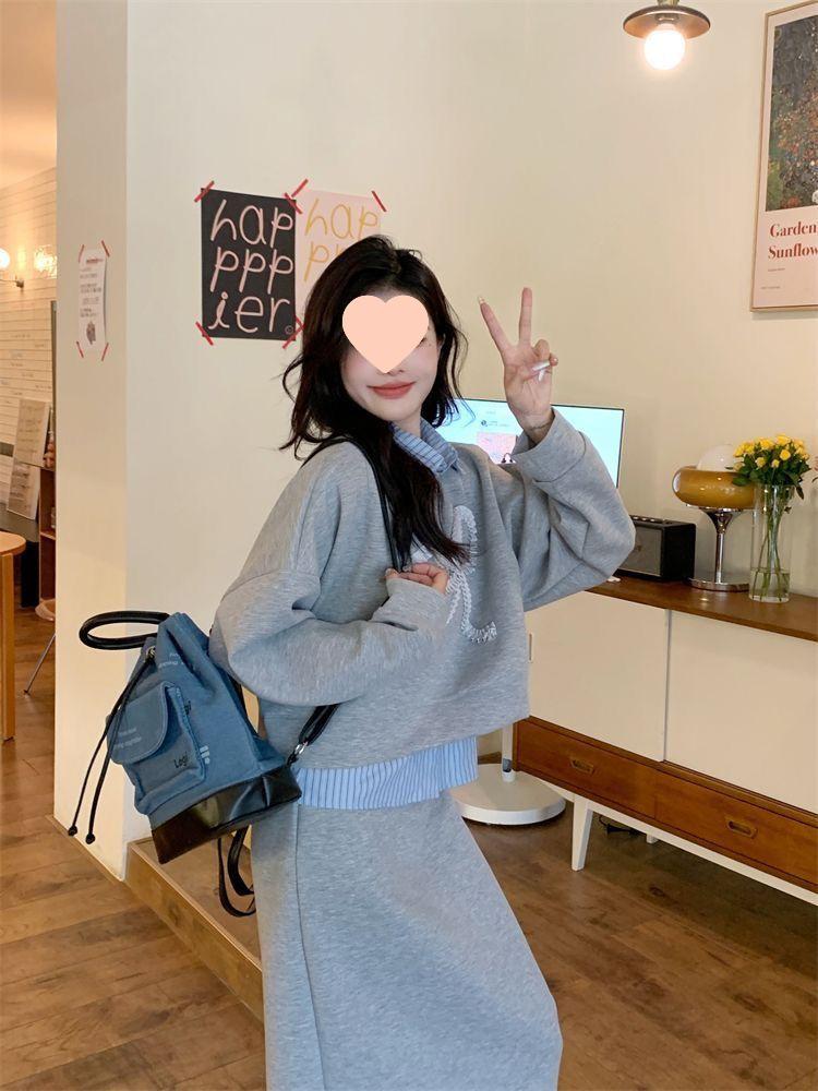 Damen Übergröße 2025 Herbst Zweiteiler: Falsch gelagertes Sweatshirt & High-Waist-Midirock für einen schlankmachenden Look