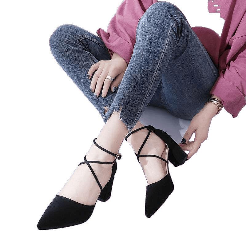 2025 Spring and Summer New Hollow Sandals Cross-strap Single Shoes Versatile Pointed One-word Buckle Korean Version of Thick-heeled Women's Shoes