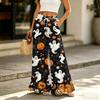 Women's Halloween Print Wide Leg Pants - High Waist Drawstring Casual Trousers with Pockets