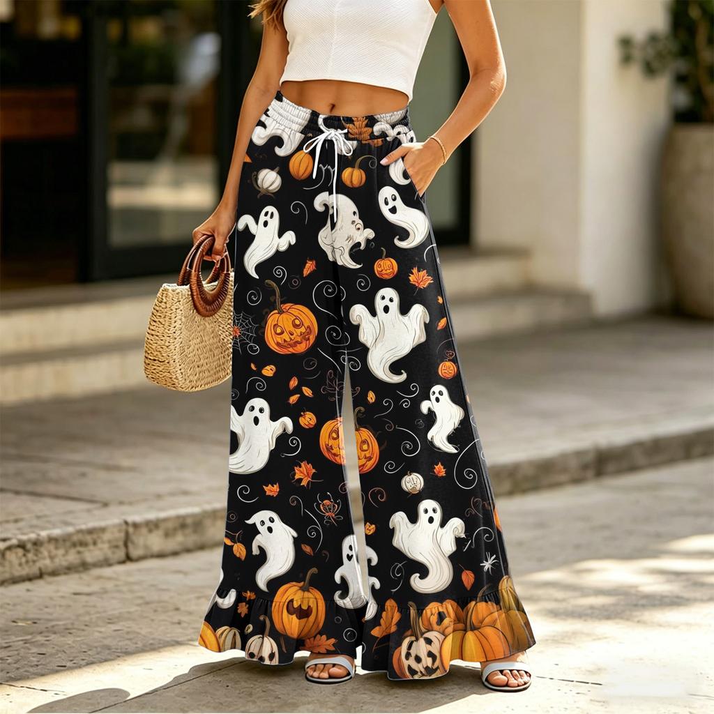 Women's Halloween Print Wide Leg Pants - High Waist Drawstring Casual Trousers with Pockets