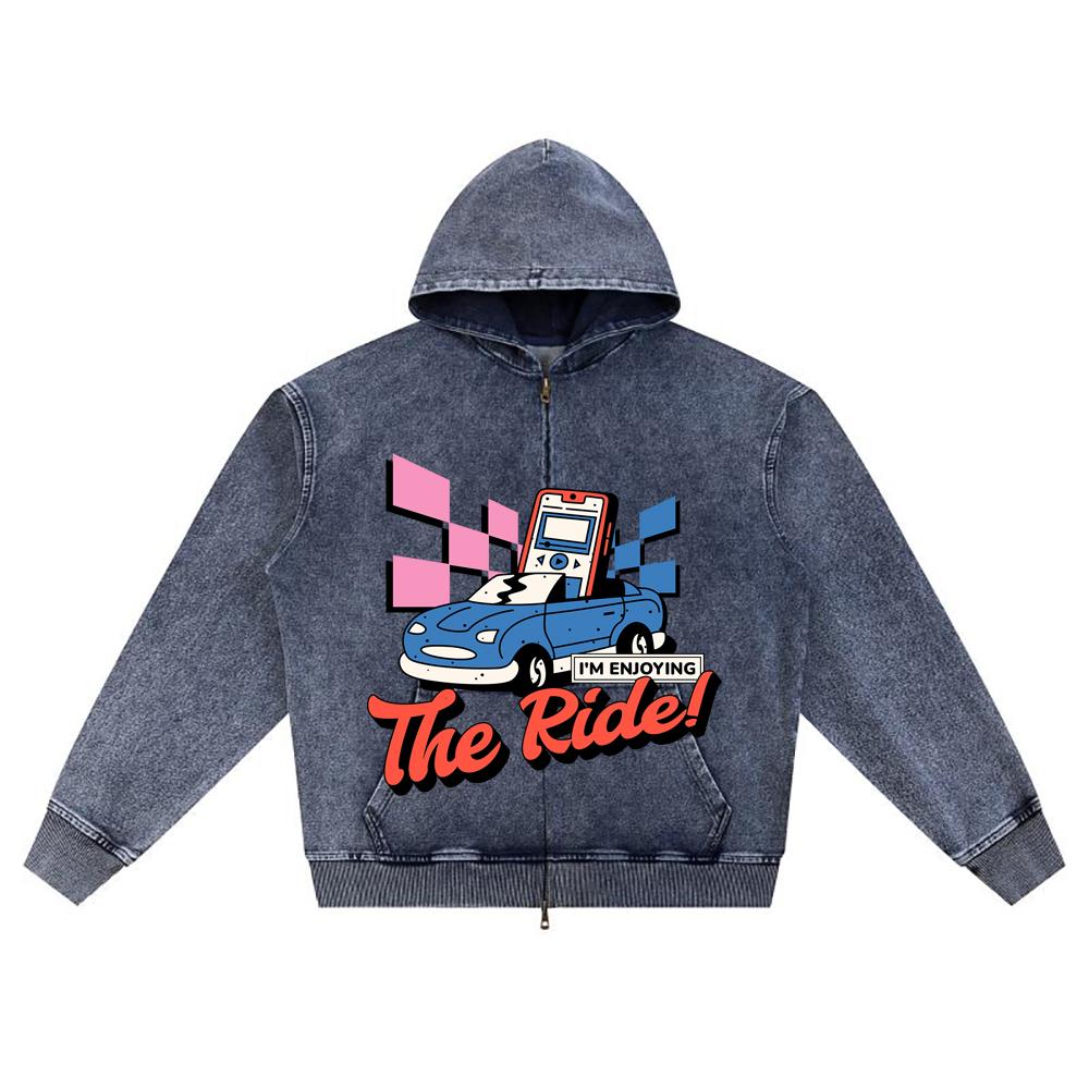 

DTG print Knitted Denim Zip-Up Hoodie Enjoyed the Ride Brother Print Zipper Hoodies XL темно-синий