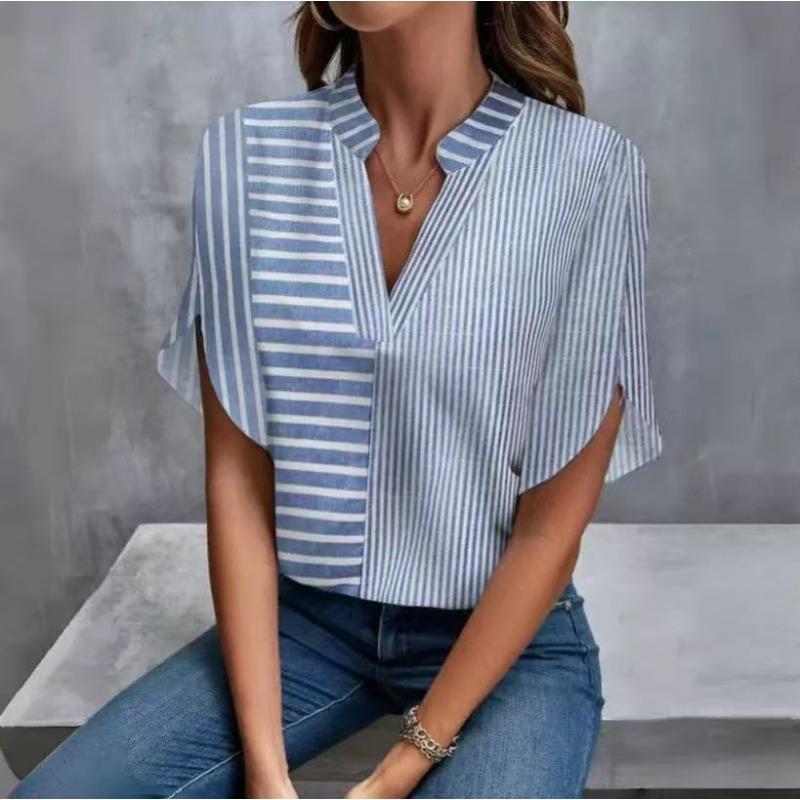 EastRogue  Women's Fashion Casual Summer Solid Color Print Short Sleeve V-Neck Blouses & Shirts