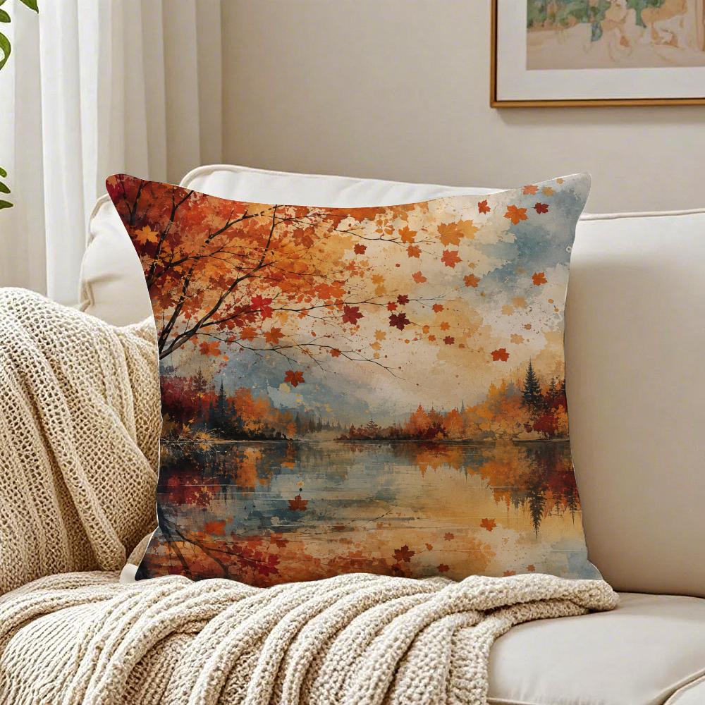 Cozy Autumn Tree And Leaves Cushion Cover Breathable Short Plush Pillow Covers Machine Washable Wrinkle-Resistant Soft Durable