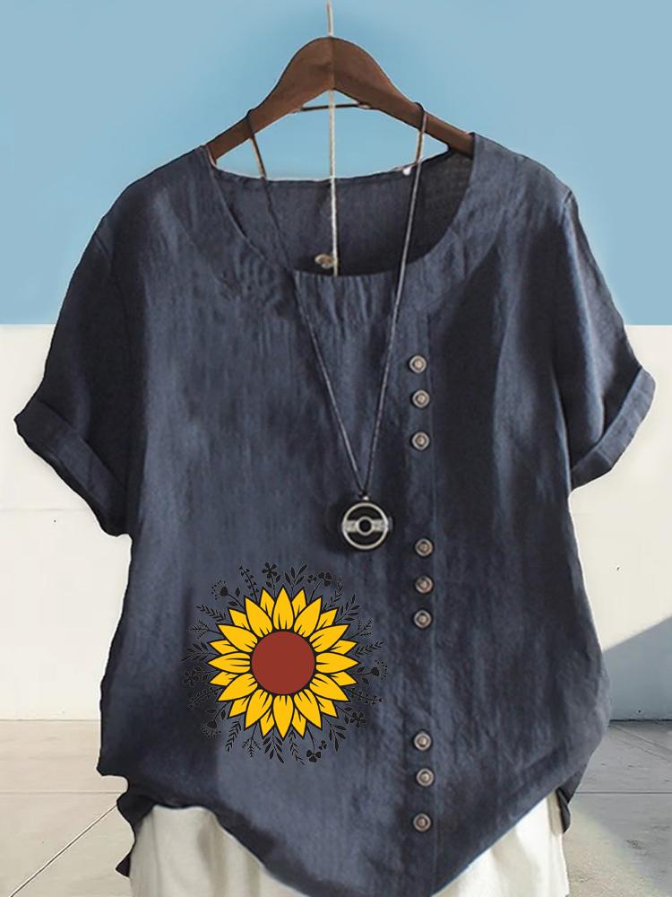 Women's Fashion Sunflower Flowers Print Shot Sleeve T-shirt Loose Cotton Shirt Casual Loose Summer Blouse Tops Plus Size