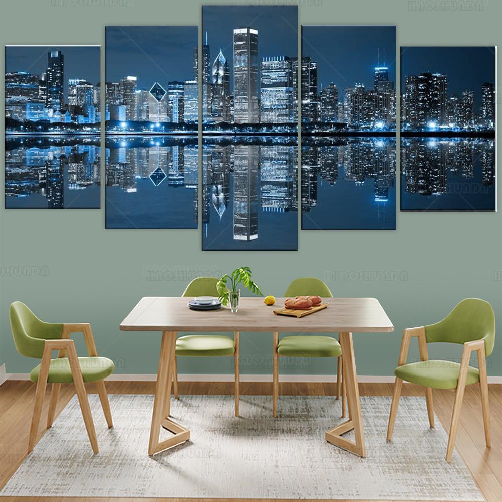 

Чикаго Центр города ночью Картина на холсте Современное городское настенное искусство 5 панелей для офиса, гостиной, украшения стены 20x35cm*2 20x45cm*2 20x55cm*1
