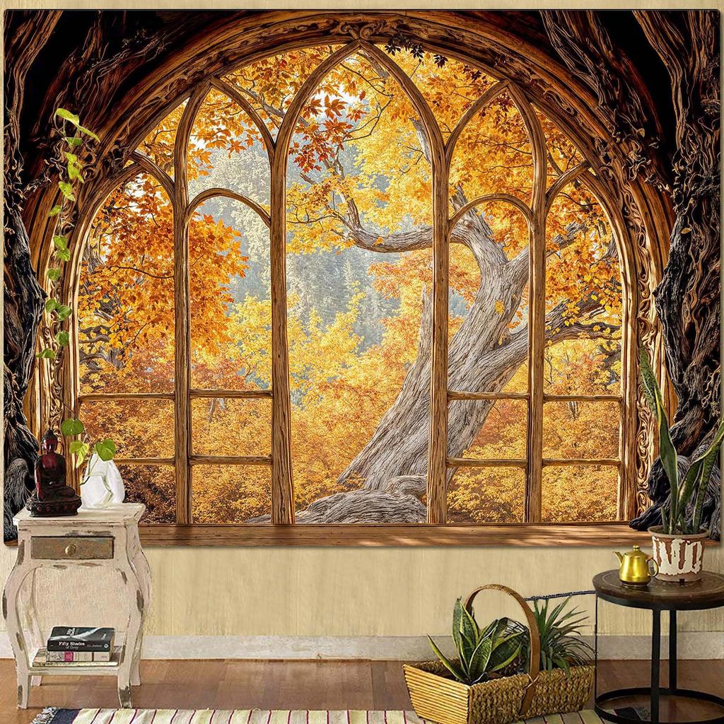 Forest Window Tapestry, Nature Outdoor Tree Wall Backdrop, Woodland Scene Large Mural For Bedroom Living Room Office Decor