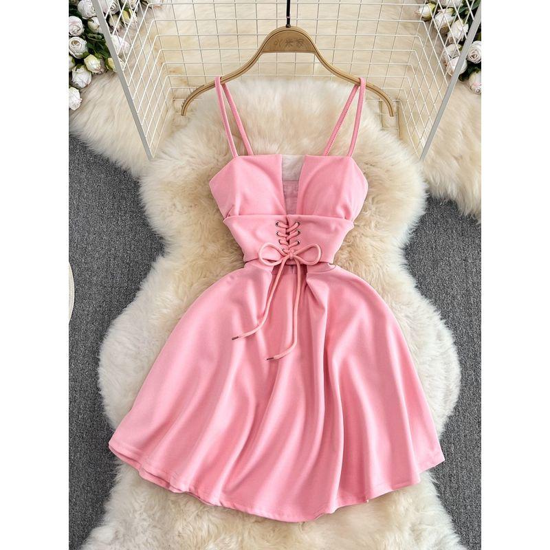 Summer Korean New Nightclub Sexy Tube Top Suspender Skirt Mesh Patchwork Cut Out Lace-up Waist-Controlled A- line Dress