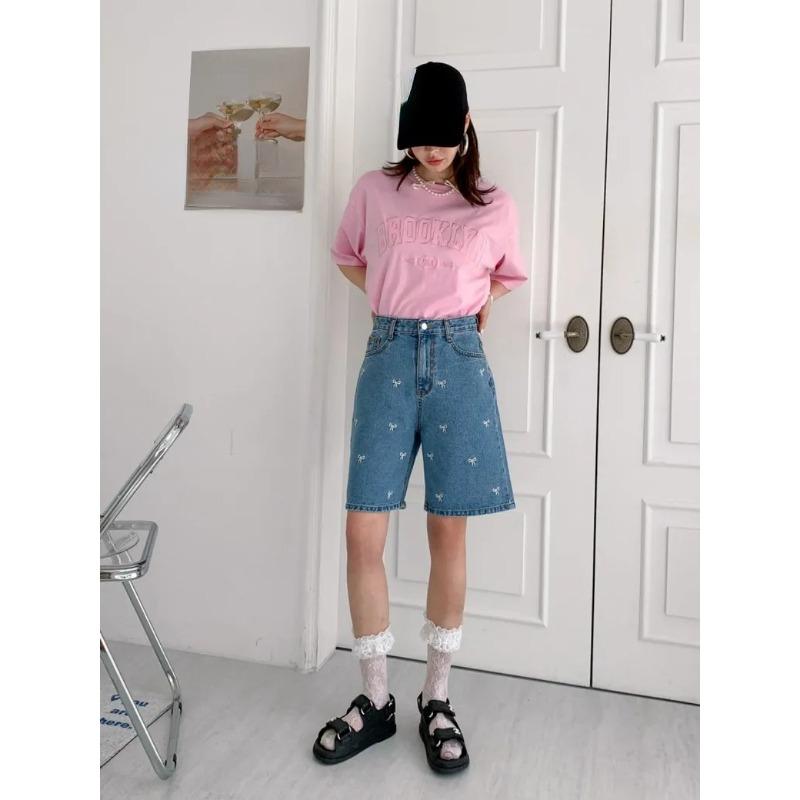 Fashion Retro Bow Large Size Loose Denim Shorts Women Casual Vintage Summer Wide Leg Pant Female Button High Waist Short Streetwear Jeans