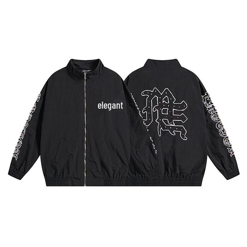 Unisex Rhinestone Zipper Hooded Cardigan & Sweatpants Set with Letter Print.