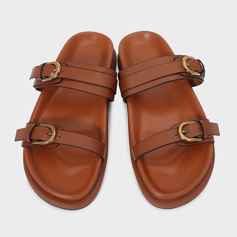 Fashion Retro Metal Belt Buckle Flat Slippers Women Comfortable Platform Slide Sandals Summer Beach Designer Shoes Sandalias De Mujer