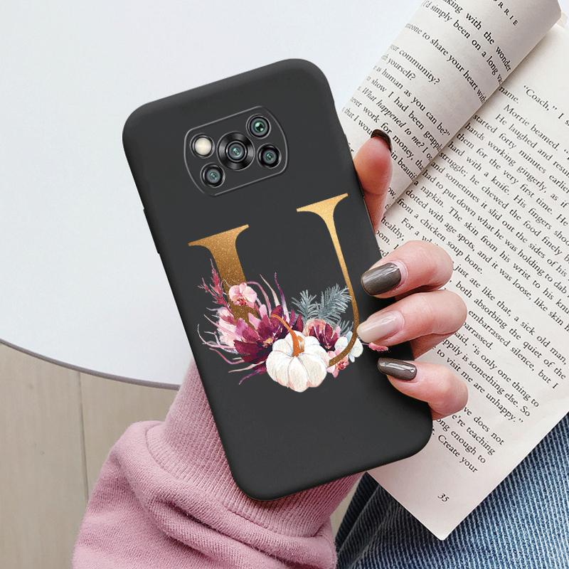 Letter Case For Poco X3 NFC PocoX3 Pro Back Cover Retro Flowers Pink Black Soft TPU Initial Fundas For Xiaomi Poco X 3 Pro Coque