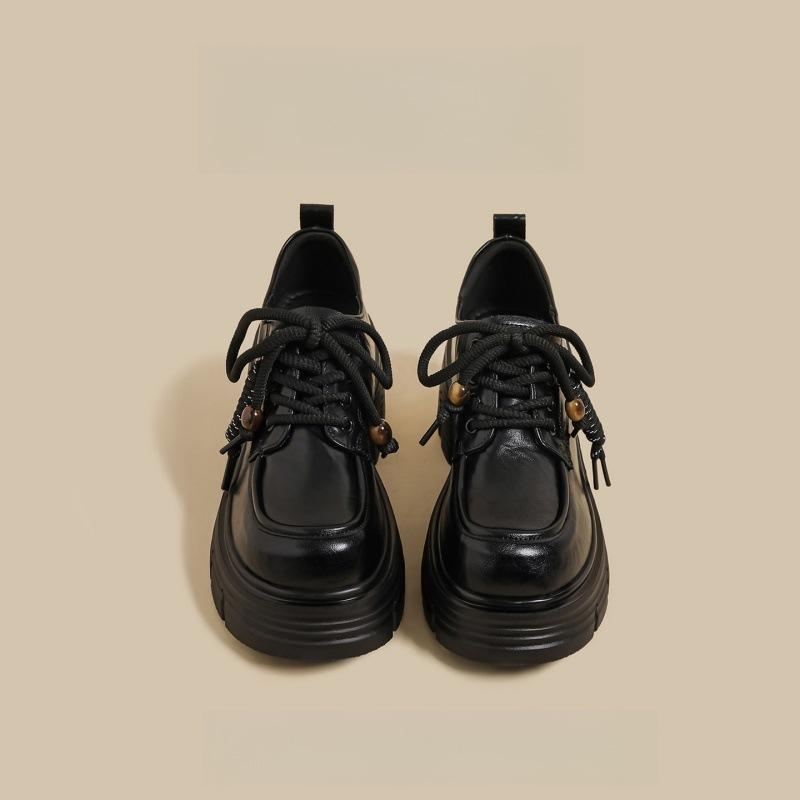 2025 Autumn New Thick High-heeled Loafers Women's Black Platform-soled Lace-up British Style College Jk Retro Small Leather Shoes