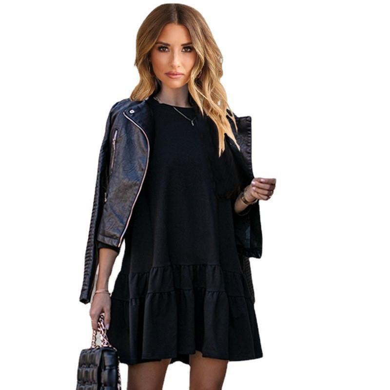 Europe, America Spring and Autumn New Fashion Long-sleeved Home Loose Round Neck Ruffle Edge Dress