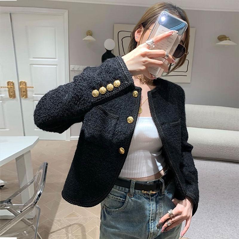 

Новые женские модные куртки высокого качества, черные твидовые элегантные пальто с двумя карманами и золотыми пуговицами, весенне-осенняя женская одежда XL чёрный