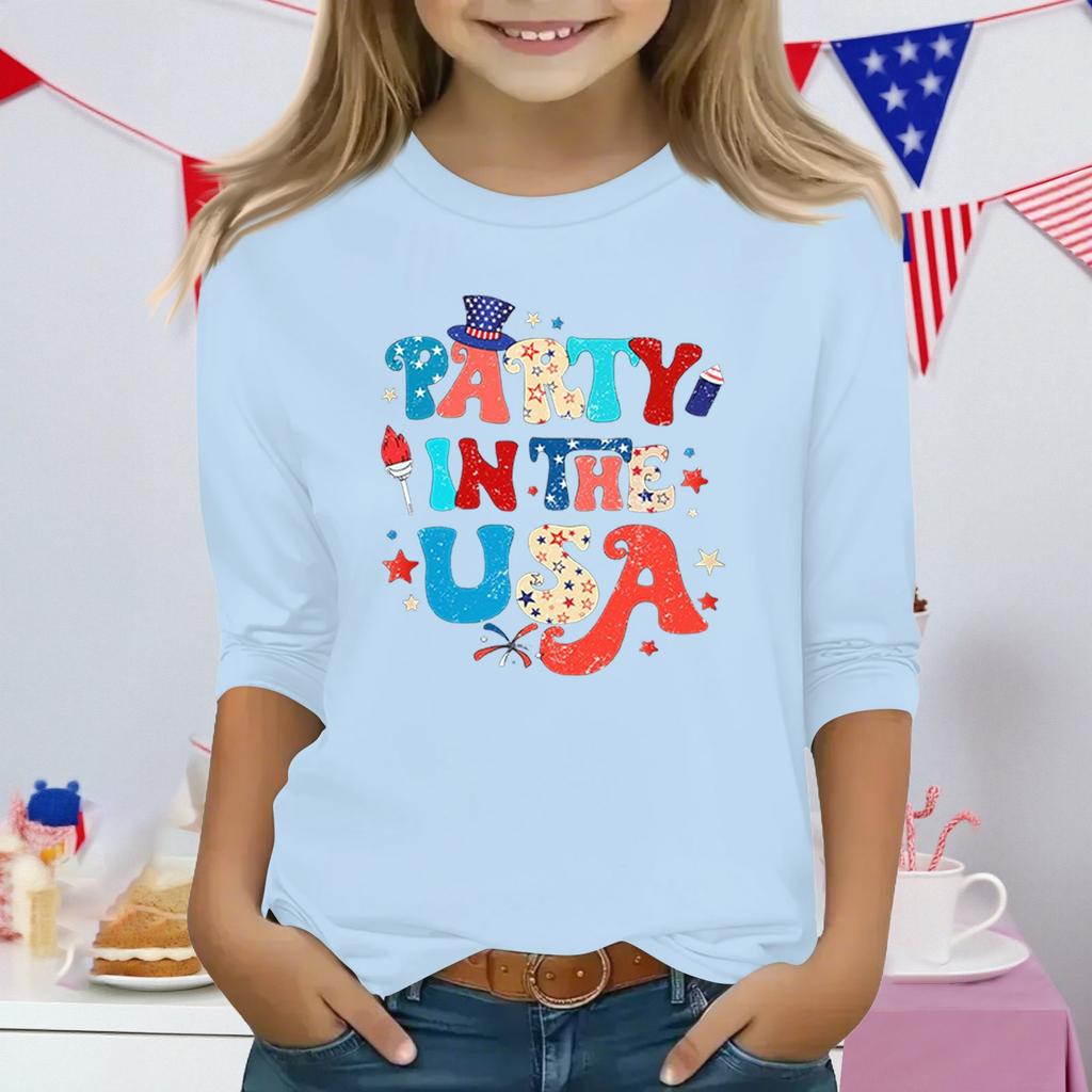 Druckoberteile für junge Mädchen 3-10 Jahre Rundhals 3/4-Ärmel T-Shirts Trendige Oberteile Outfit T-Shirts