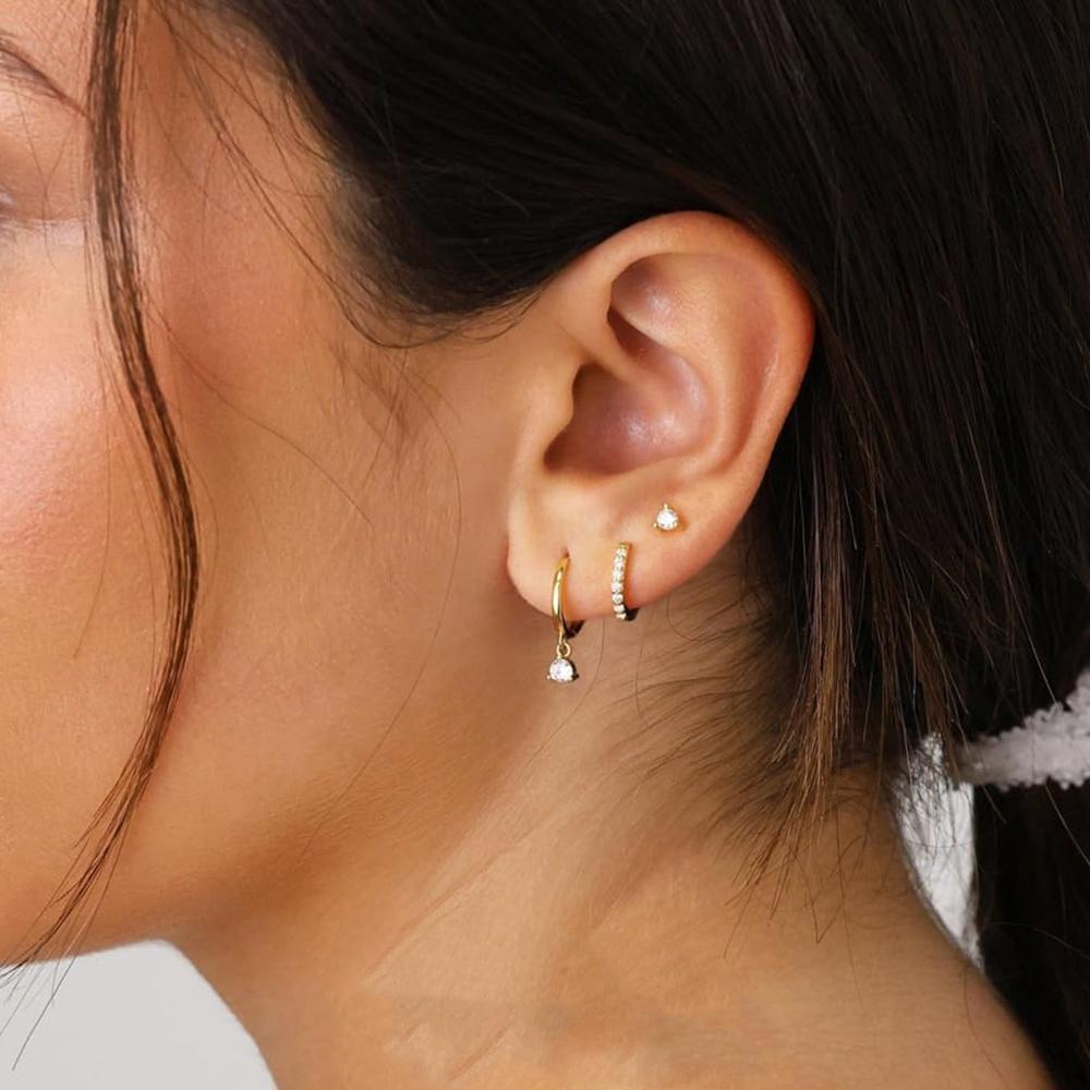 3er Set Zarte Knorpel Huggie Ohrringe 925 Sterling Silber 14K Gold Stecker Hypoallergen für Mehrfachpiercing