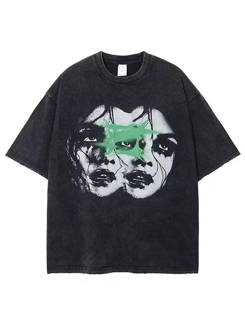 Reversible Faces Streetwear T-Shirt – Distressed Pop Culture Print, Heavy Cotton M