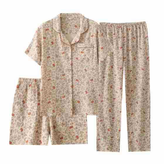 Women's Summer Cotton Crepe Pajama Set - Short-Sleeved Lapel Top, Trousers & Shorts