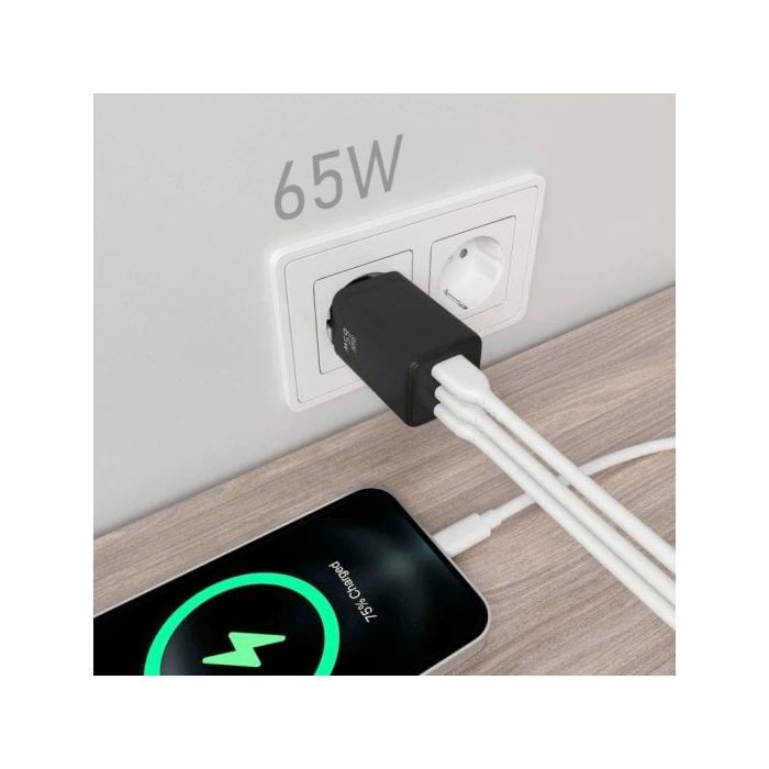 Cargador GaN - AISENS - ASCH-65W3P042-BK - 65W - 2xUSB-C PD3.0 - 1xUSB-A QC3.0 - Noir