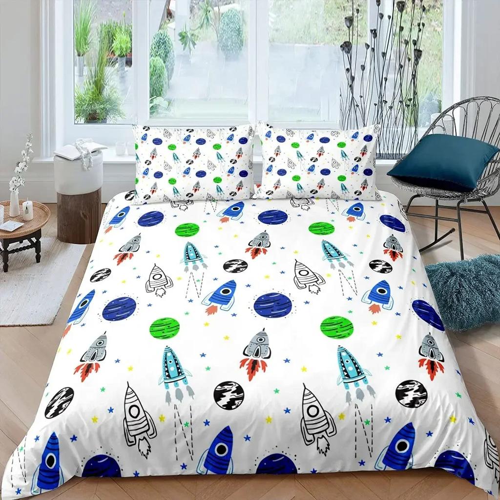 Rocket Spaceship Comfortable Duvet Quilt Cover Pillowcase Bedding Set Children Bedroom Decoration Home Textile