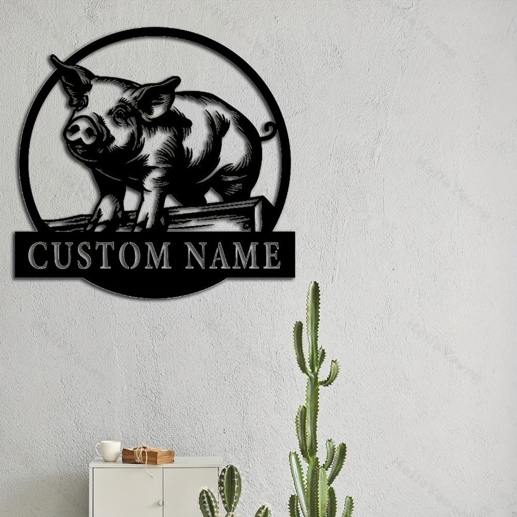 Customizable Metal Pig Silhouette Wall Art, Family Name Sign for Farmhouse, Home Garden Holiday Decor