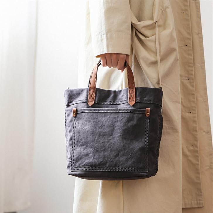 IOKI HAMPU Canvas and Genuine Leather Tote Bag, Lunch Bag, Shoulder Bag, Slightly Water-Repellent, 2-Way Canvas (Navy Blue)
