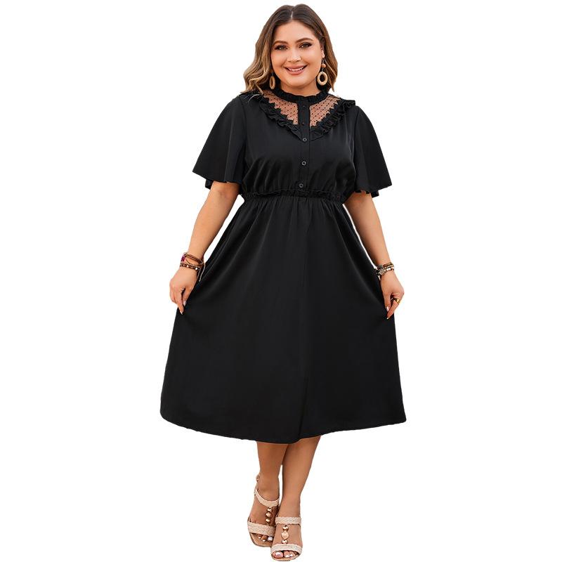 Women's Plus Size Solid Color Dress V Neck Lace Cutout Elegant Dress
