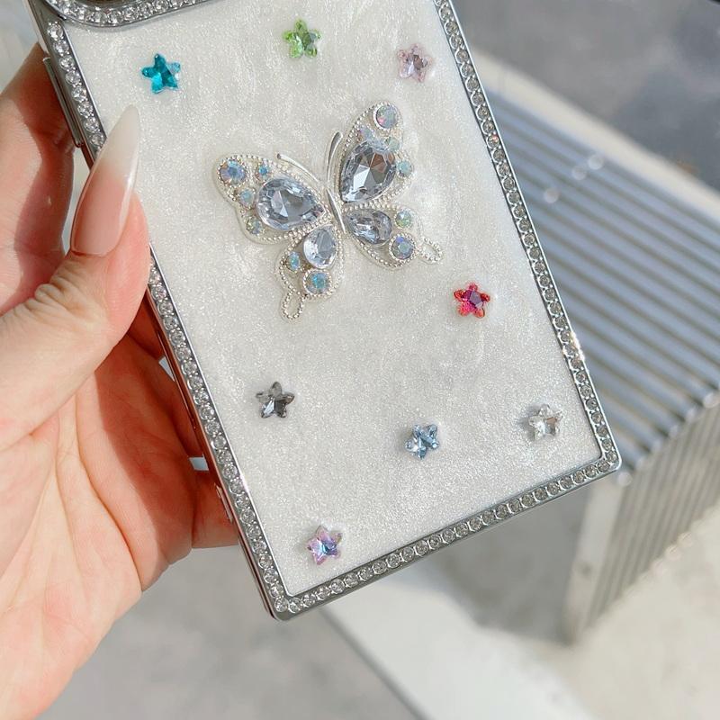 Bowknot Butterfly Decoration Drip Glue Case For iPhone 16 Pro Max 15 Pro 14 13 Square Glitter Plating Shockproof Soft Phone Cover