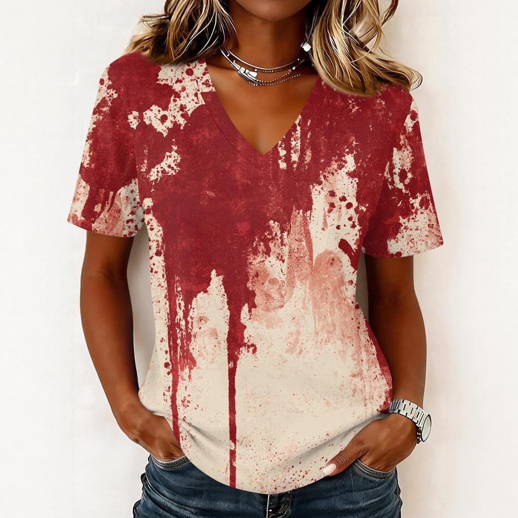 Haut pull décontracté à manches courtes et col en V pour femme, imprimé Halloween, coupe ample, t-shirt léger pour un usage quotidien